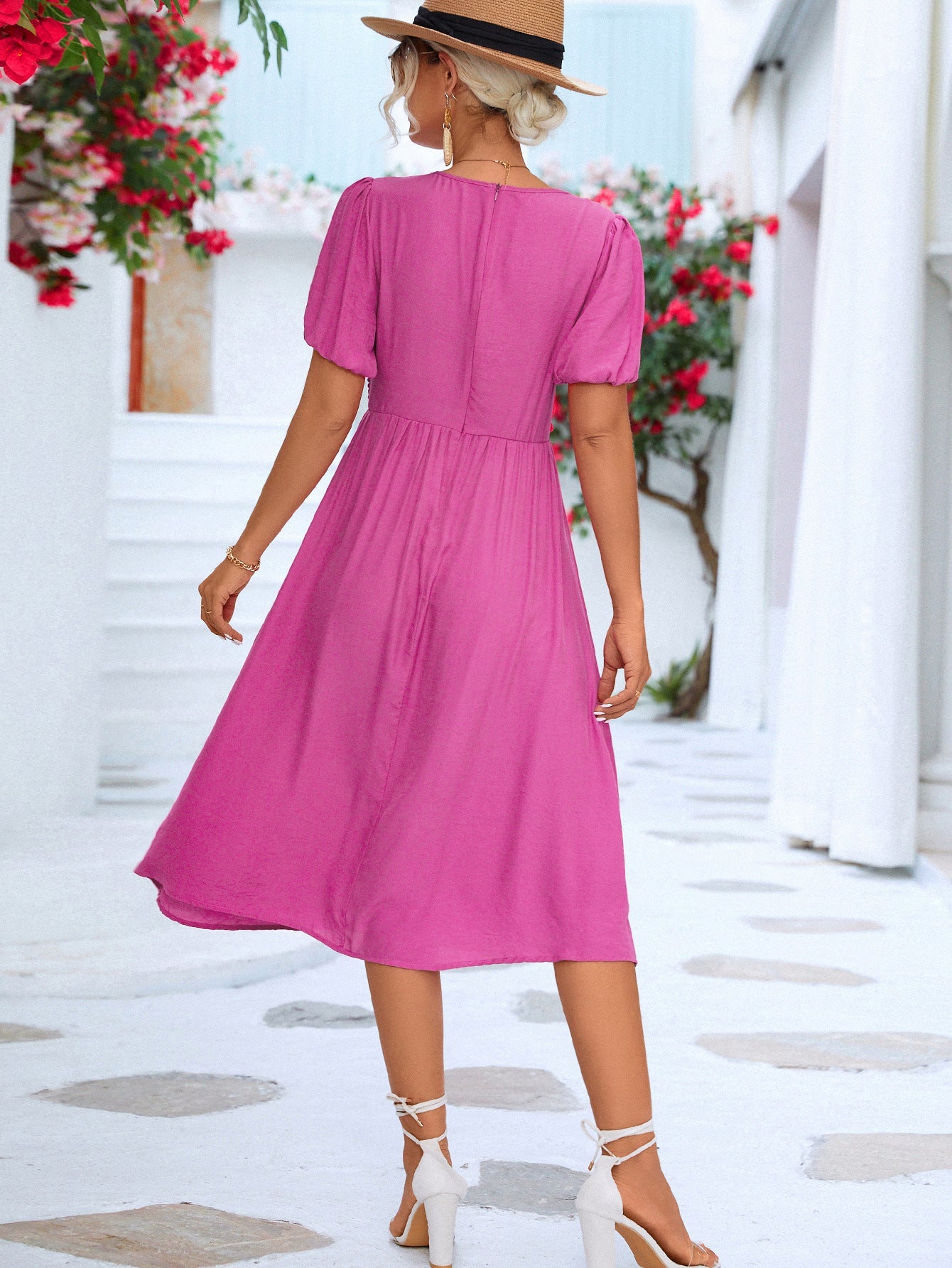 Twisted Short Puff Sleeve V-Neck Dress